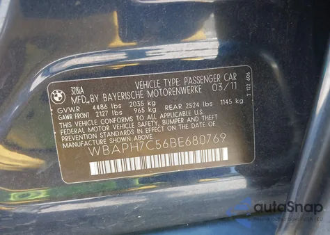 2011 BMW 328I из США, поврежденный, VIN WBAPH7C56BE680769